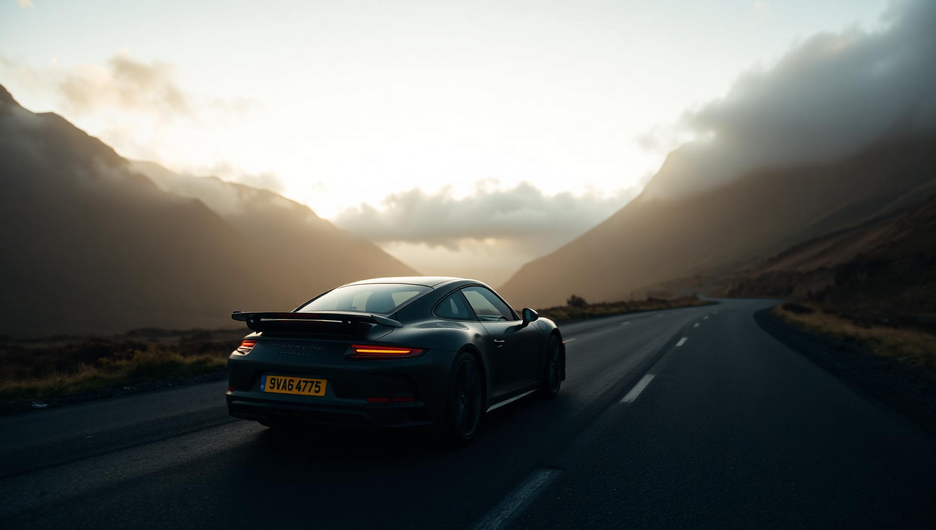 A Porsche 911 GT3 driving through the Scottish Highlands at golden hour