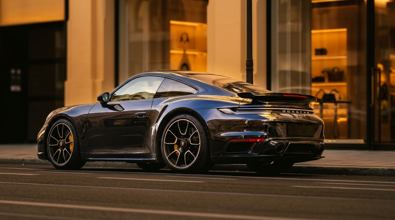 A Porsche 911 Turbo S at golden hour on a city boulevard